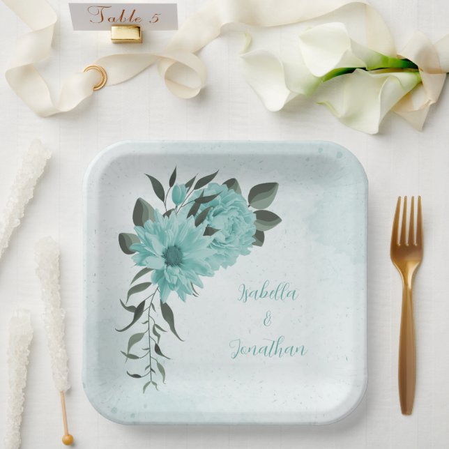romantic  blue flowers & green leaves  paper plates (Wedding)