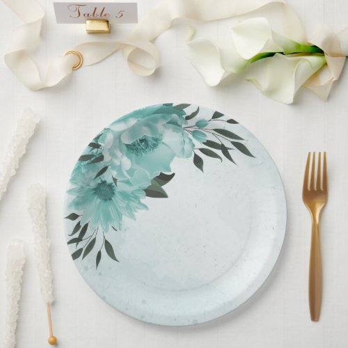 romantic  blue flowers  green leaves  paper plates