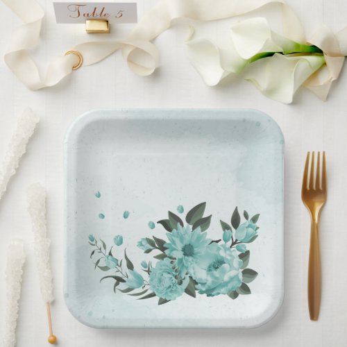 romantic  blue flowers  green leaves  paper plates