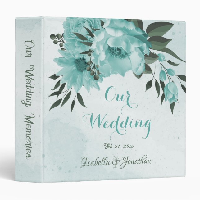 romantic  blue flowers & green leaves photo album 3 ring binder (Front/Spine)