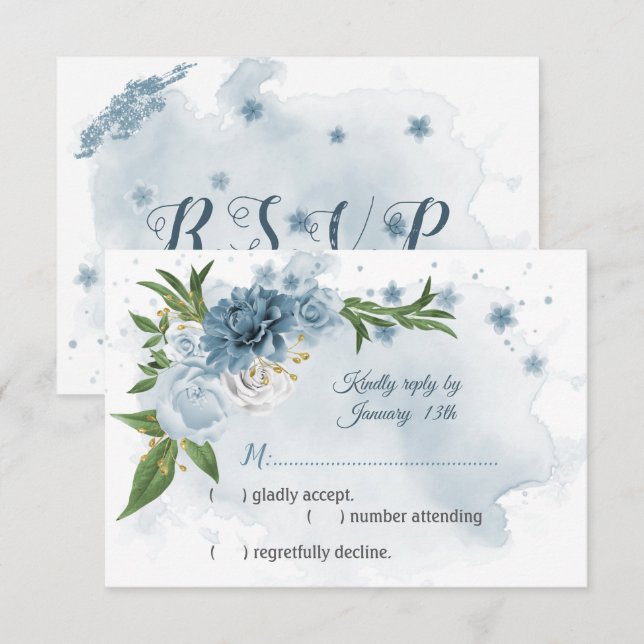 romantic blue flowers greenery botanical RSVP card (Front/Back)