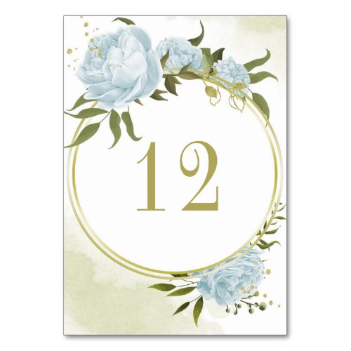 Romantic blue flowers greenery gold wreath table number