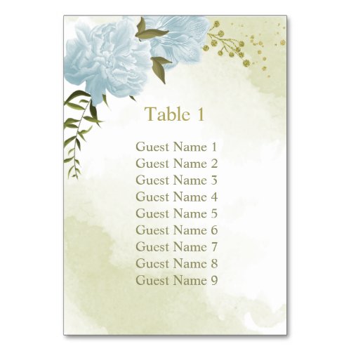 Romantic blue flowers greenery seating chart table number