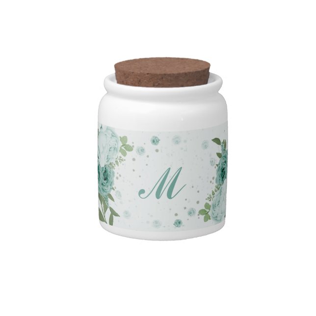 romantic blue flowers greenery wedding candy jar (Front)