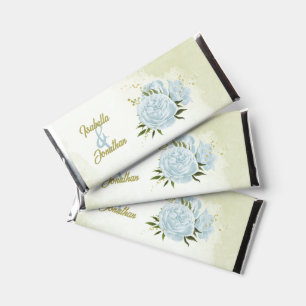 romantic blue flowers greenery wedding hershey bar favors