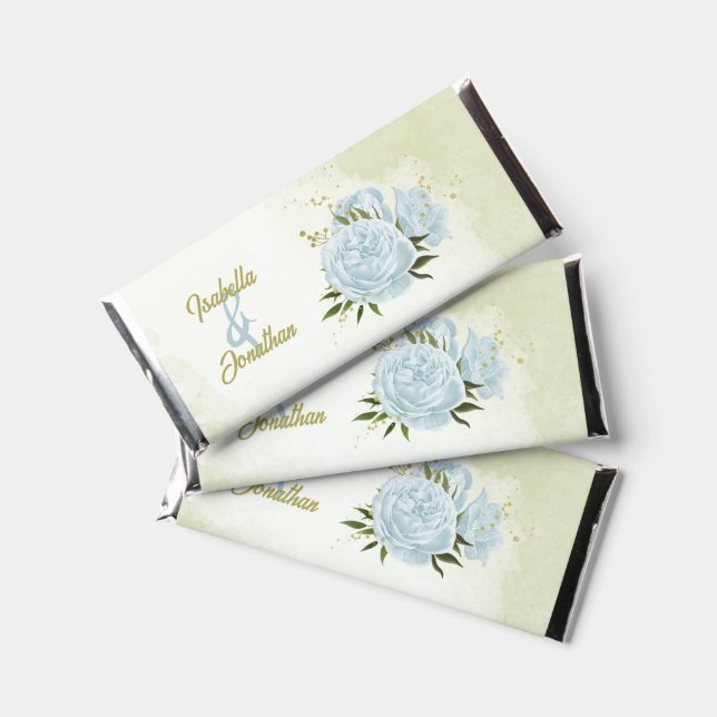 romantic blue flowers greenery wedding hershey bar favors (Front)