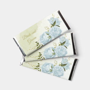 romantic blue flowers greenery wedding hershey bar favors