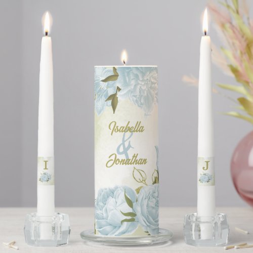 romantic blue flowers greenery wedding unity candle set