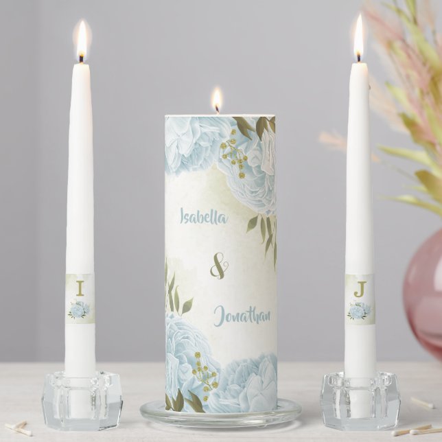 romantic blue flowers greenery wedding unity candle set (In Situ)