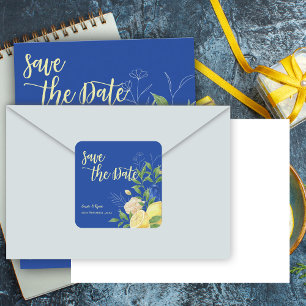 Romantic Blue Flowers Lemon Wedding Save the Date Square Sticker