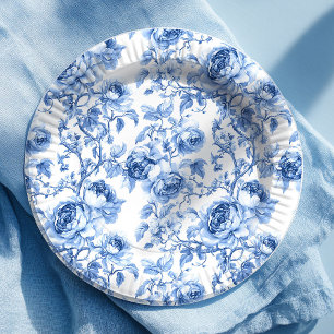 Romantic Blue French Toile Roses Floral Paper Plat Plates