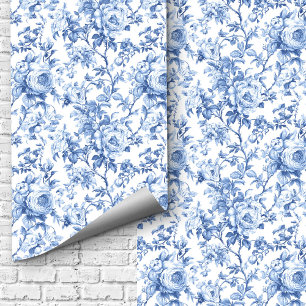 Romantic Blue French Toile Roses Floral Wallpaper
