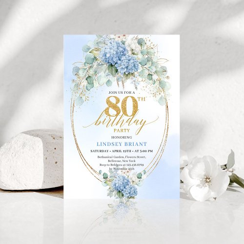 Romantic Blue Garden Floral 80th Birthday Invite