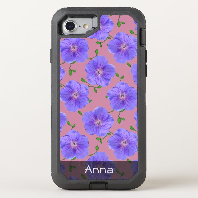 Romantic Blue Garden Flowers Pattern any Text Otterbox iPhone Case (Back)