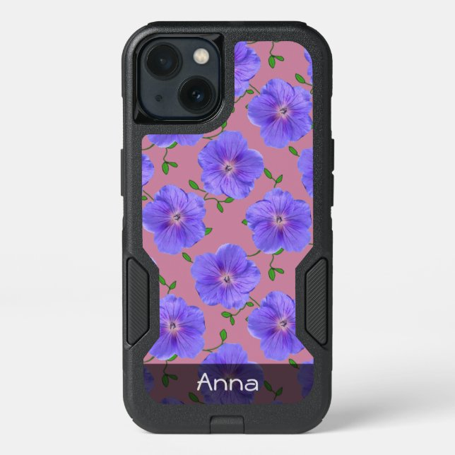 Romantic Blue Garden Flowers Pattern any Text Otterbox iPhone Case (Back)