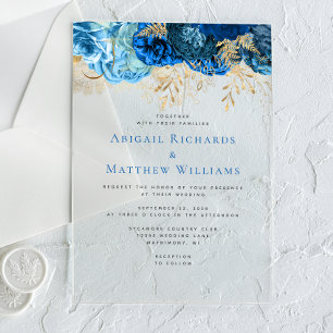 Romantic Blue Gold Floral Wedding Acrylic Invitations