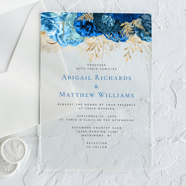 Romantic Blue Gold Floral Wedding Acrylic Invitations (Creator Uploaded)