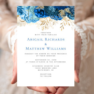 Romantic Blue Gold Floral Wedding Invitation