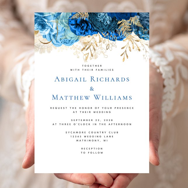 Romantic Blue Gold Floral Wedding Invitation (Creator Uploaded)