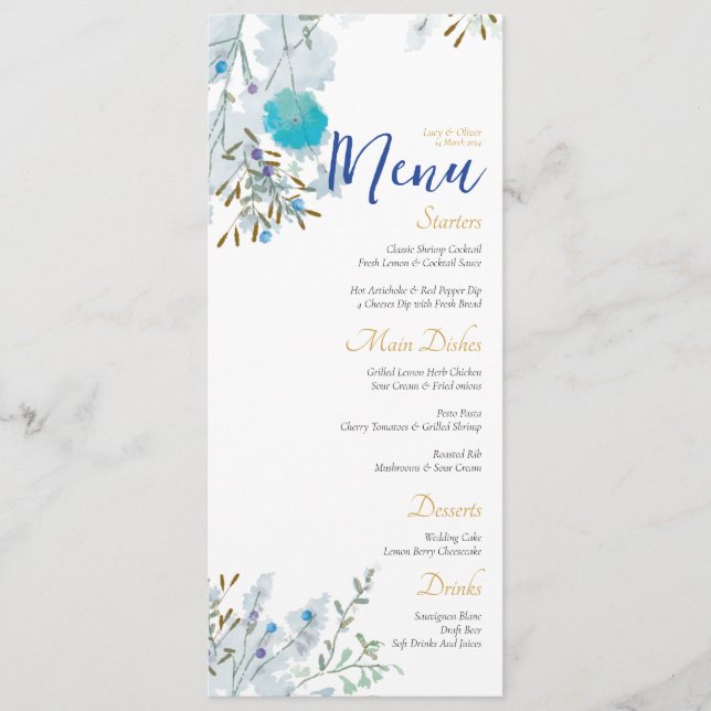 Romantic, Blue & Gold, Floral Wedding Menu (Front)