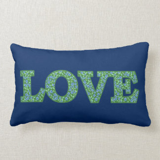 Romantic Blue Green Periwinkles Floral LOVE design Lumbar Pillow