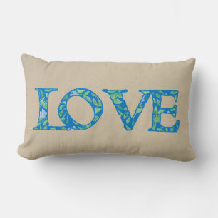 Romantic Blue Green Periwinkles Floral LOVE design Lumbar Pillow