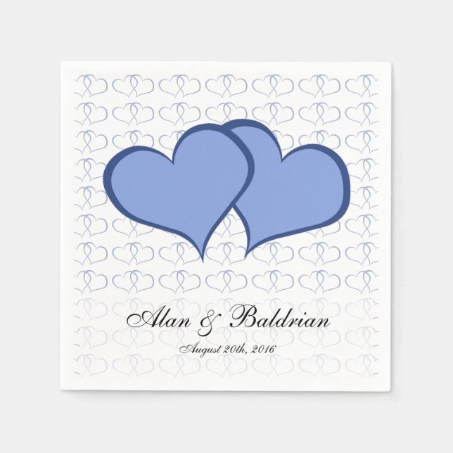 Romantic Blue Hearts Graphical He He Custom Text Paper Napkins (Front)