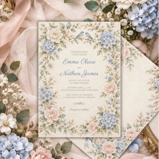 Romantic Blue Hydrangea Floral Lovebirds Wedding Invitation