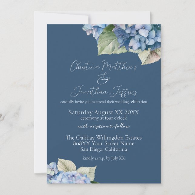 Romantic Blue Hydrangea Flowers on Navy Invitation (Front)