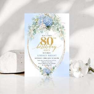 Romantic Blue Hydrangea Gold 80th Birthday Invite