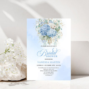 Romantic Blue Hydrangea Gold Floral Bridal Shower Invitation