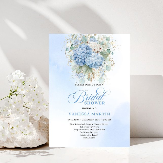 Romantic Blue Hydrangea Gold Floral Bridal Shower Invitation (Romantic Blue Hydrangea Gold Floral Bridal Shower Invitation)