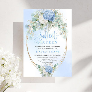 Romantic Blue Hydrangea Sweet Sixteen Invitation