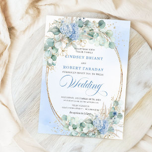 Romantic Blue Hydrangea Wheat Botanical Wedding Invitation