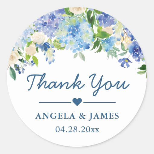 Romantic Blue Hydrangeas Floral Wedding Thank You Classic Round Sticker ...