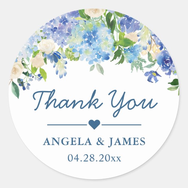 Romantic Blue Hydrangeas Floral Wedding Thank You Classic Round Sticker