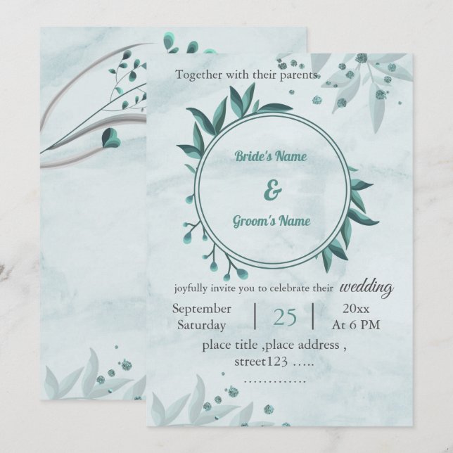 romantic blue leaves floral geometric wedding invitation (Front/Back)