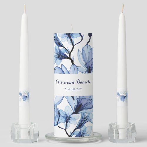 Romantic Blue Magnolia Watercolor Floral Wedding Unity Candle Set