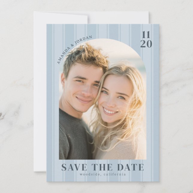 Romantic Blue Minimalist Photo Save The Date (Front)