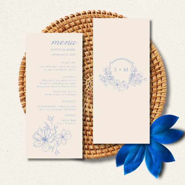 Romantic Blue Monogram Crest Floral Wedding Menu (Creator Uploaded)