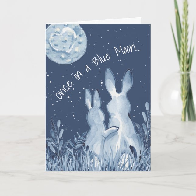 Romantic Blue Moon Rabbit Bunny Anniversary Custom Holiday Card (Front)
