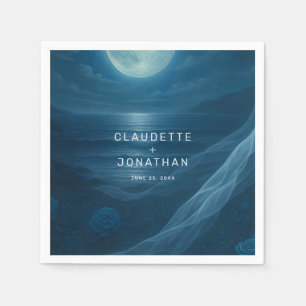 Romantic Blue Moonlit Beach Custom Names Wedding Napkins