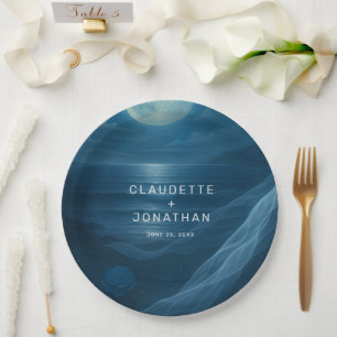 Romantic Blue Moonlit Beach Custom Names Wedding Paper Plates