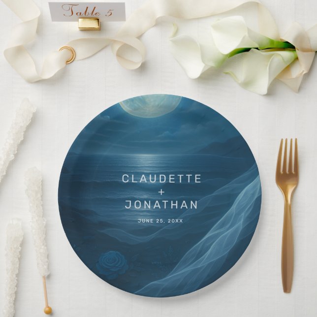 Romantic Blue Moonlit Beach Custom Names Wedding Paper Plates (Wedding)