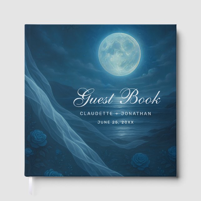 Romantic Blue Moonlit Beach Wedding Guest Book (Front)