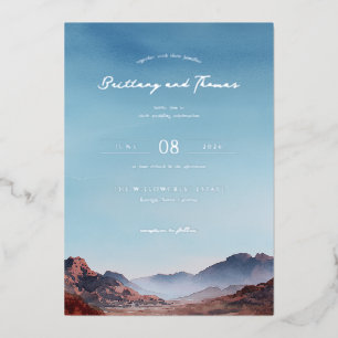 Romantic Blue Mountain Landscape Foil Invitation