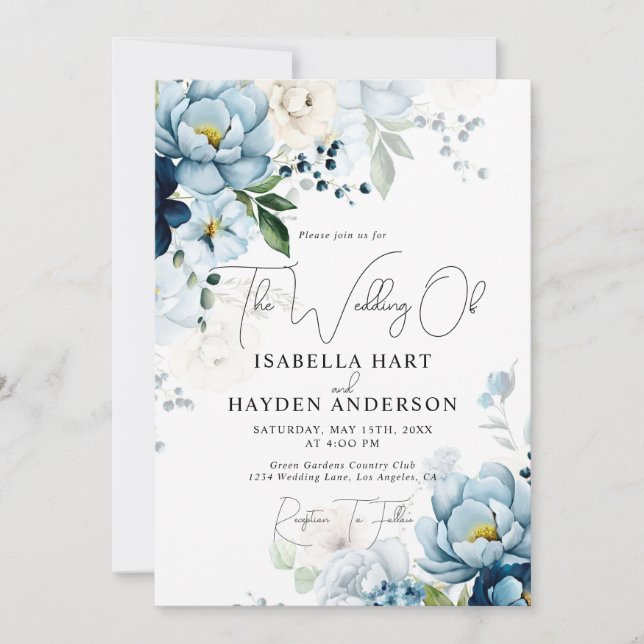 Romantic Blue Navy Floral All In 1 QR Code Wedding Invitation (Front)