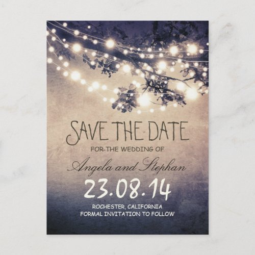 romantic blue night lights rustic save the date announcement postcard