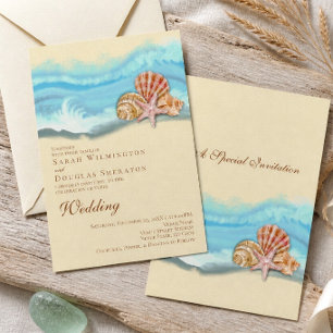 Romantic Blue Ocean Wave Seashell Beach Wedding Invitation