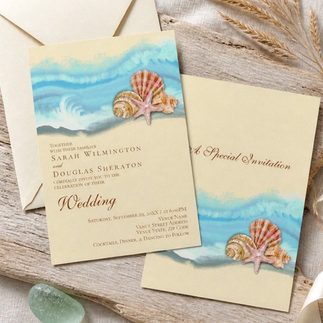 Romantic Blue Ocean Wave Seashell Beach Wedding Invitation (Creator Uploaded)